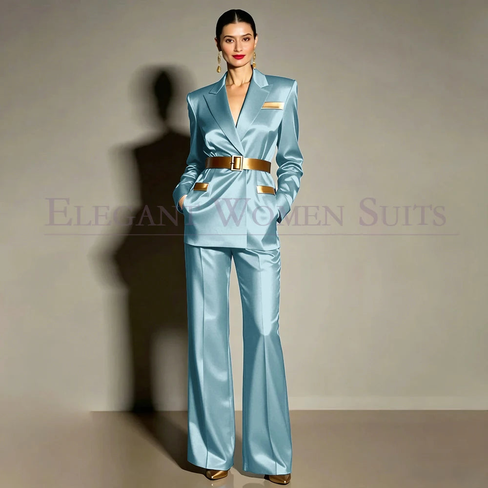 Evening Women's Suits Luxury Belt 2 Piece Jacket Pants Formal Party Regular Length Female Clothing High Quality Outfits