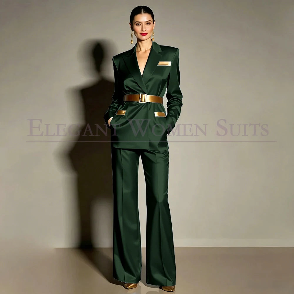 Evening Women's Suits Luxury Belt 2 Piece Jacket Pants Formal Party Regular Length Female Clothing High Quality Outfits