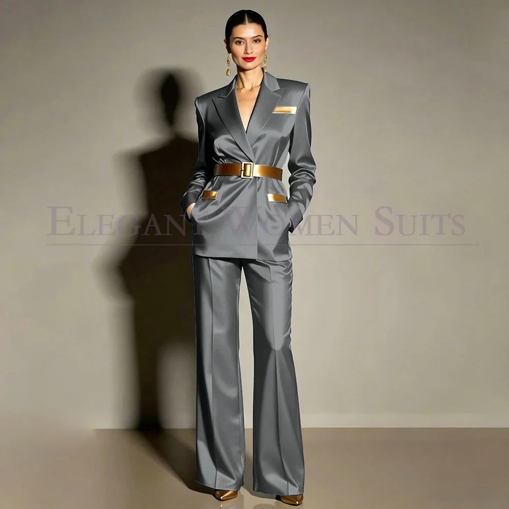 Evening Women's Suits Luxury Belt 2 Piece Jacket Pants Formal Party Regular Length Female Clothing High Quality Outfits