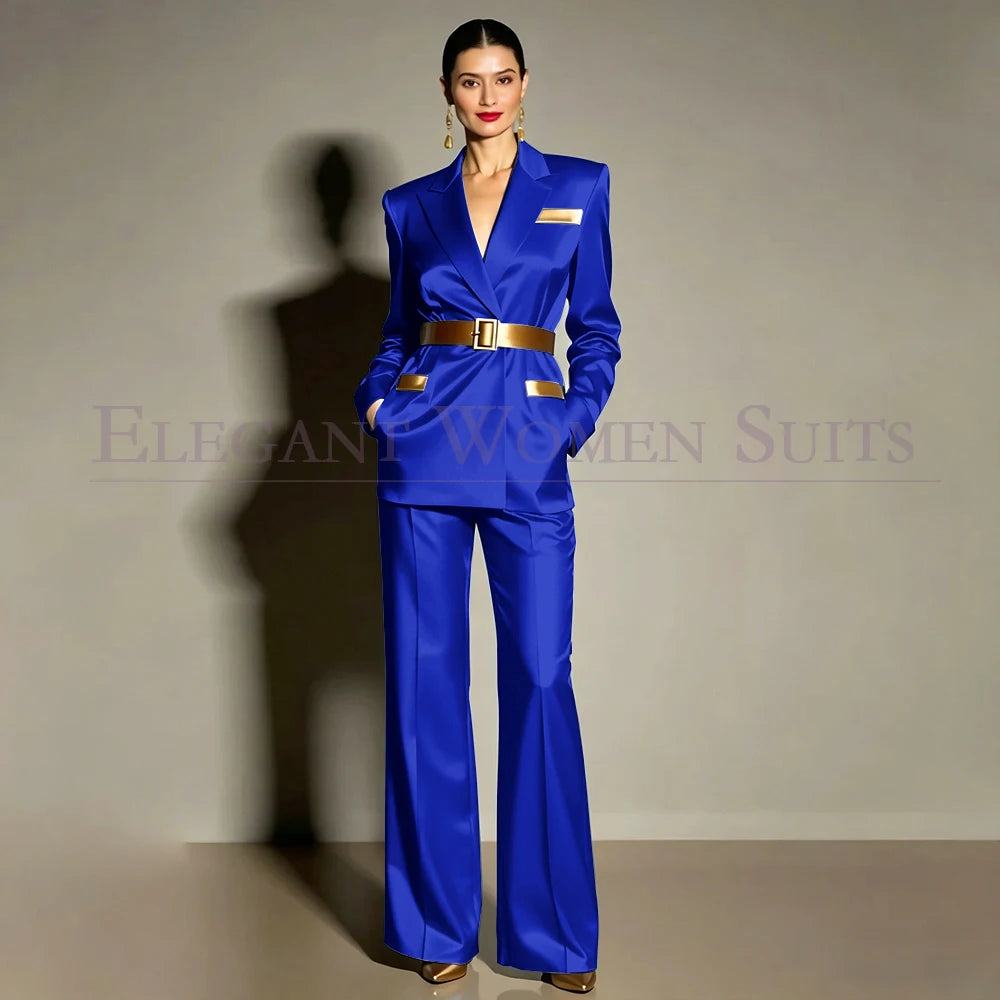 Evening Women's Suits Luxury Belt 2 Piece Jacket Pants Formal Party Regular Length Female Clothing High Quality Outfits