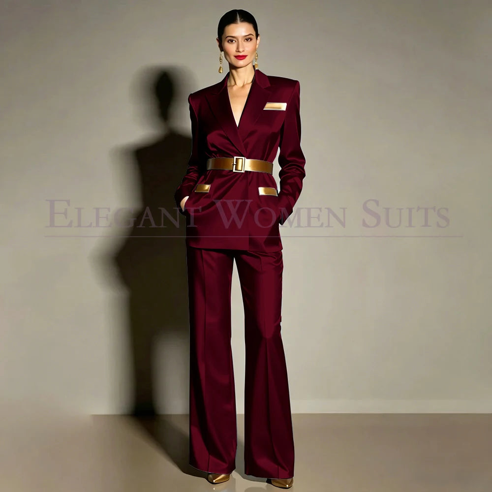 Evening Women's Suits Luxury Belt 2 Piece Jacket Pants Formal Party Regular Length Female Clothing High Quality Outfits