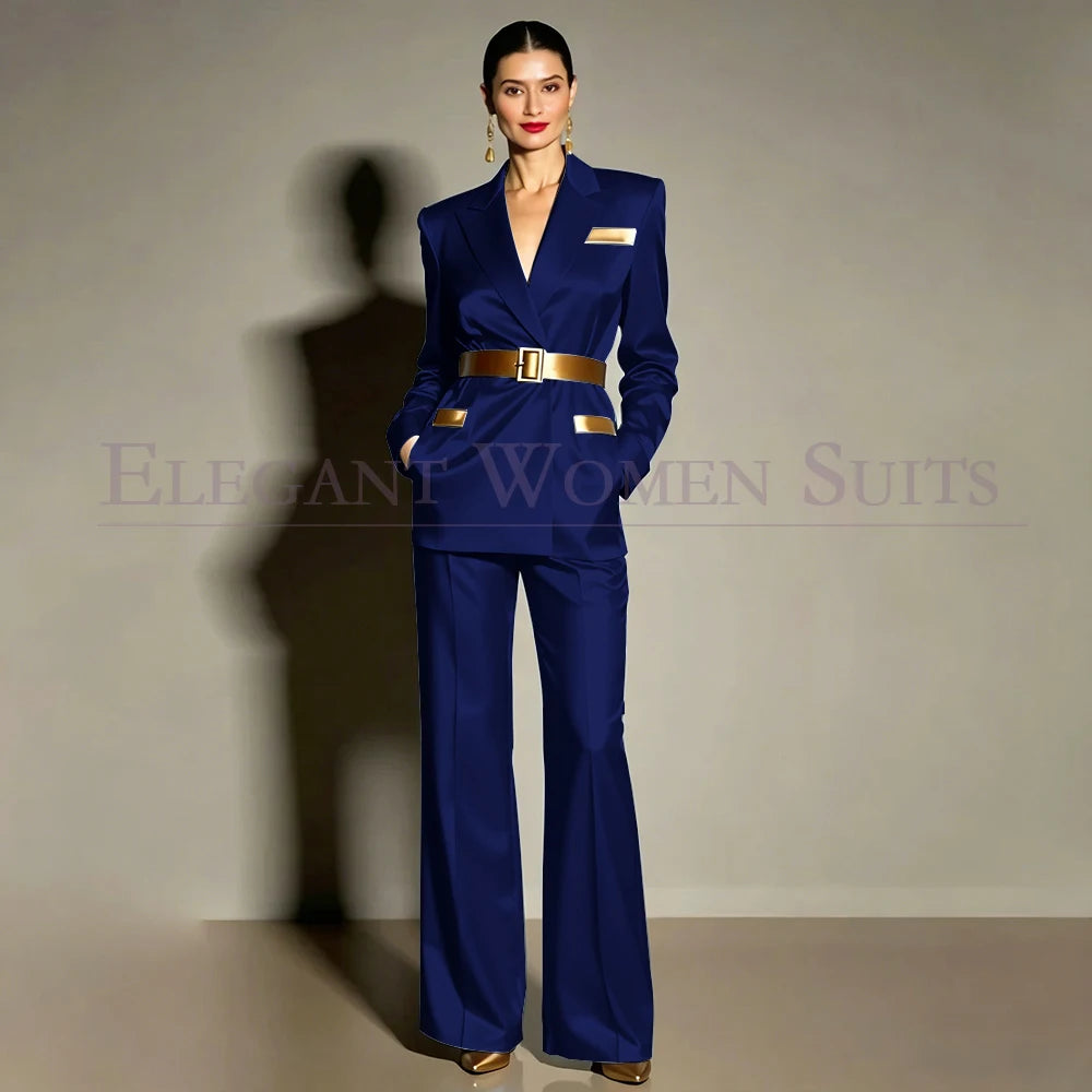 Evening Women's Suits Luxury Belt 2 Piece Jacket Pants Formal Party Regular Length Female Clothing High Quality Outfits