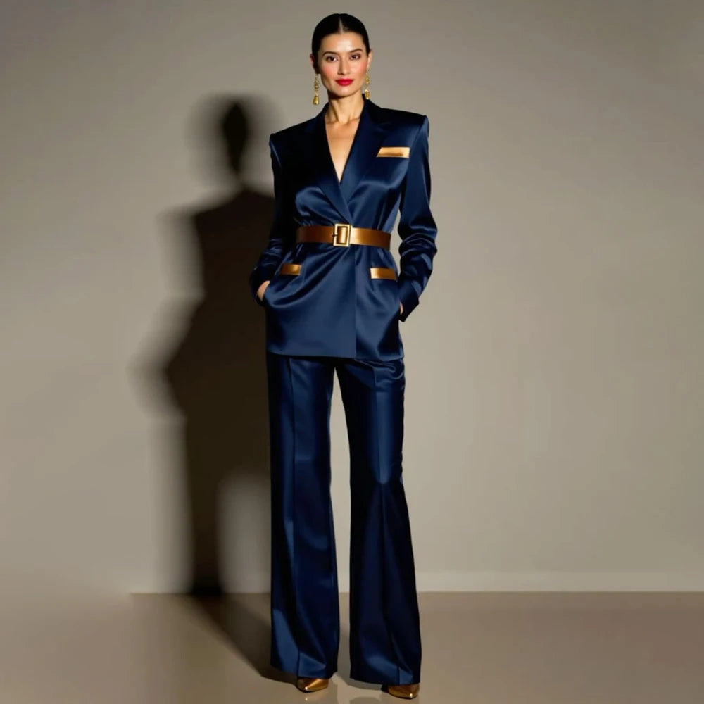 Evening Women's Suits Luxury Belt 2 Piece Jacket Pants Formal Party Regular Length Female Clothing High Quality Outfits